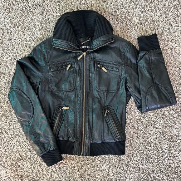 Express Faux Leather Jacket Moto Style Ribbed Collar Size XS Dark Brown - Picture 10 of 13